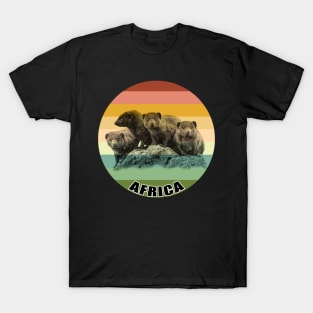 Dwarf Mongoose Group on Vintage Retro Africa Sunset T-Shirt